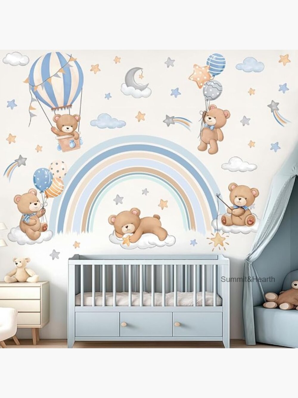 Vinyl Wall Stickers Rainbow Bear Hot Air Balloon Nursery Decor 35.4"